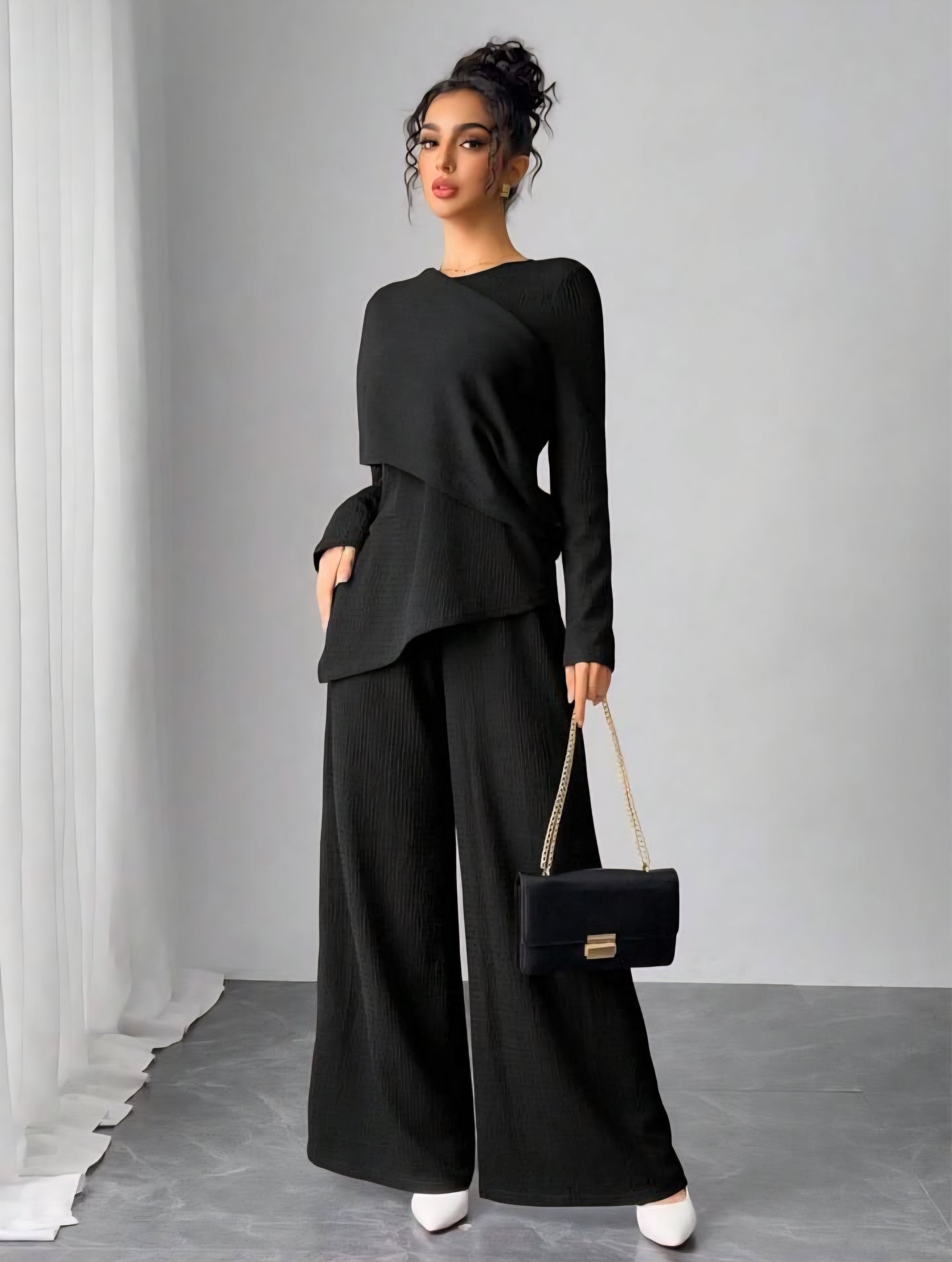 Asymmetrical Long Sleeve Top & Wide Leg Pants Set