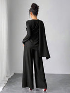 Asymmetrical Long Sleeve Top & Wide Leg Pants Set
