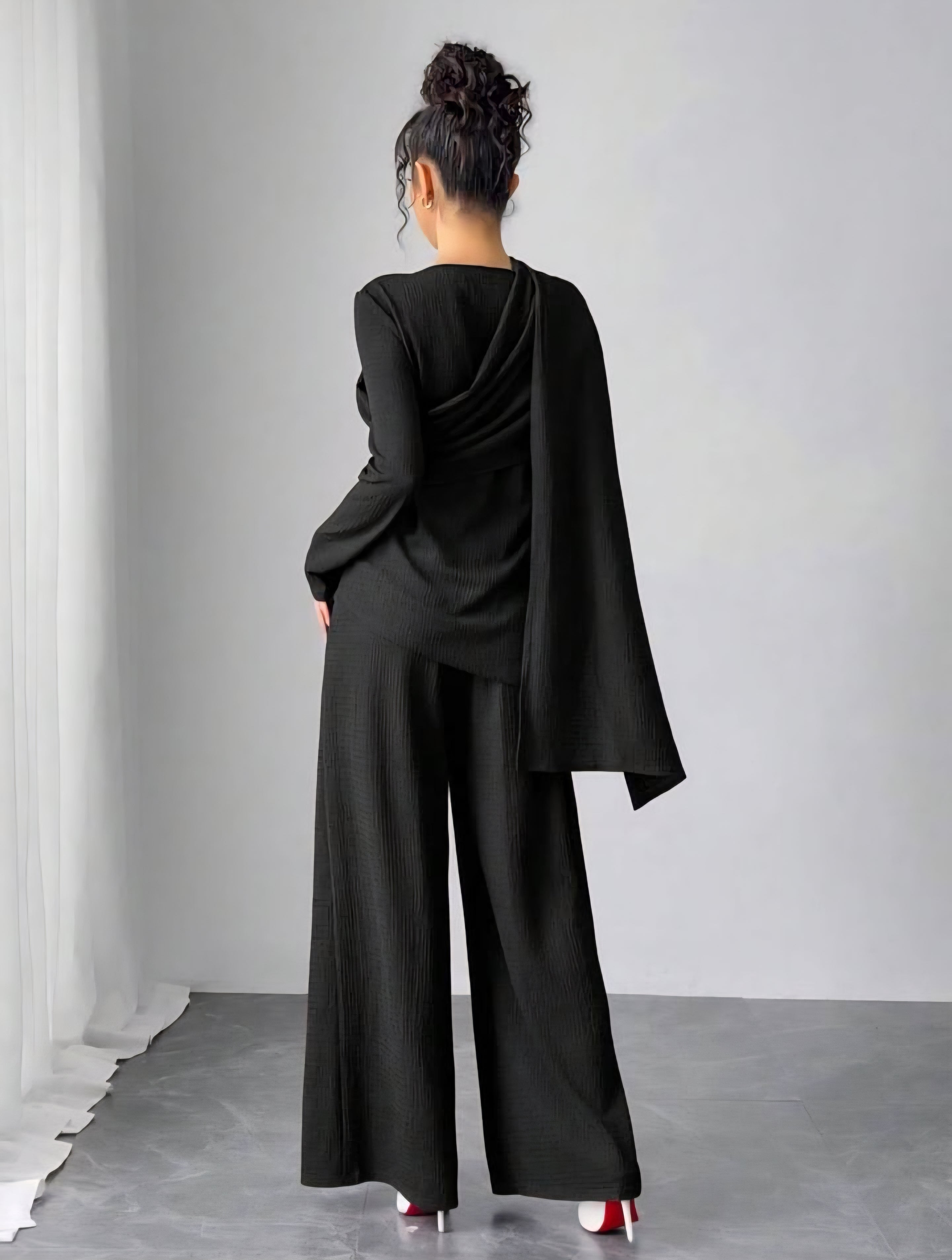Asymmetrical Long Sleeve Top & Wide Leg Pants Set