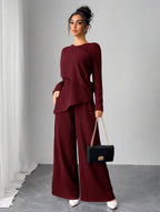 Asymmetrical Long Sleeve Top & Wide Leg Pants Set