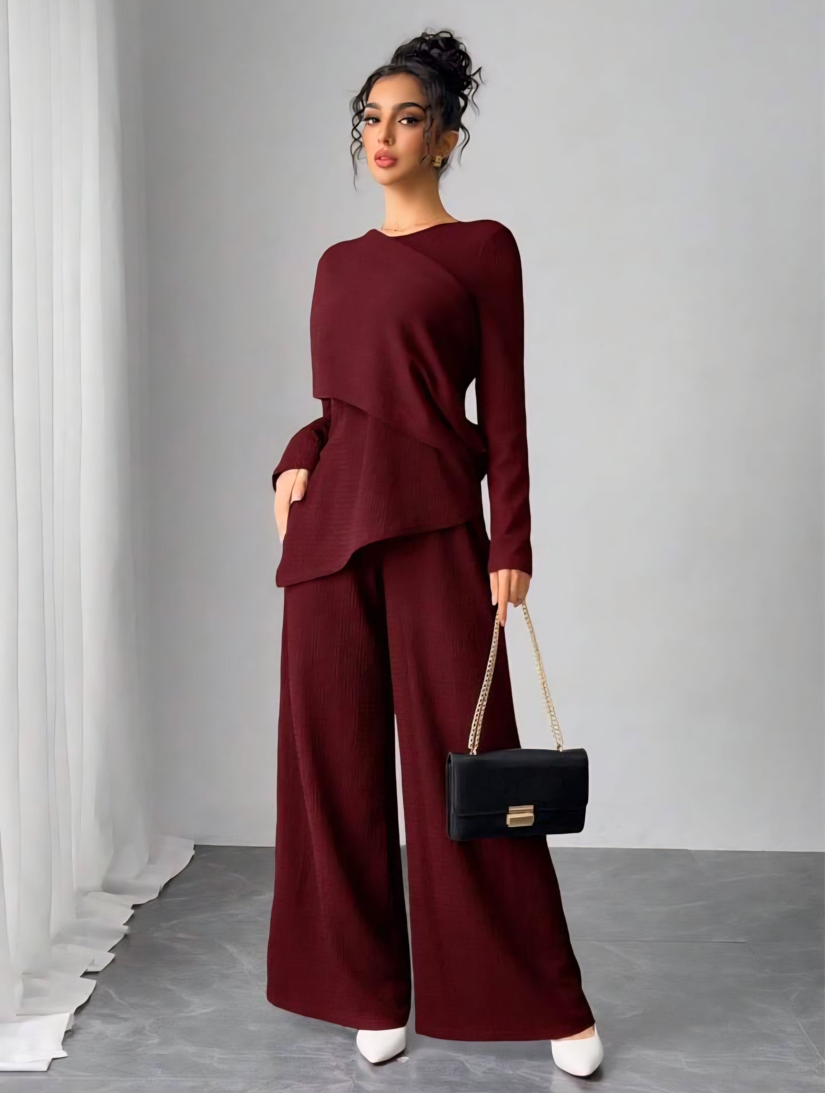 Asymmetrical Long Sleeve Top & Wide Leg Pants Set