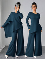 Asymmetrical Long Sleeve Top & Wide Leg Pants Set