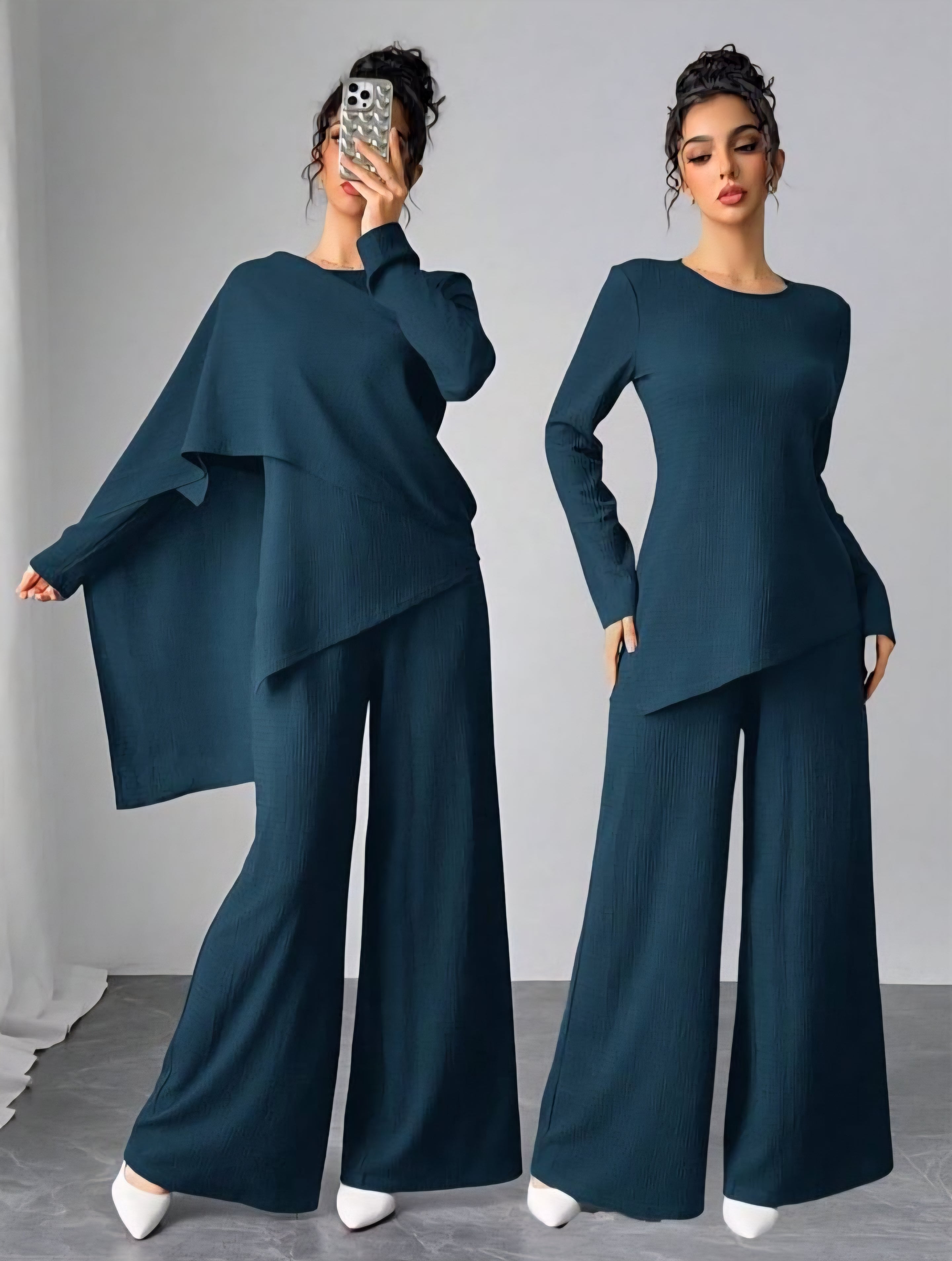 Asymmetrical Long Sleeve Top & Wide Leg Pants Set