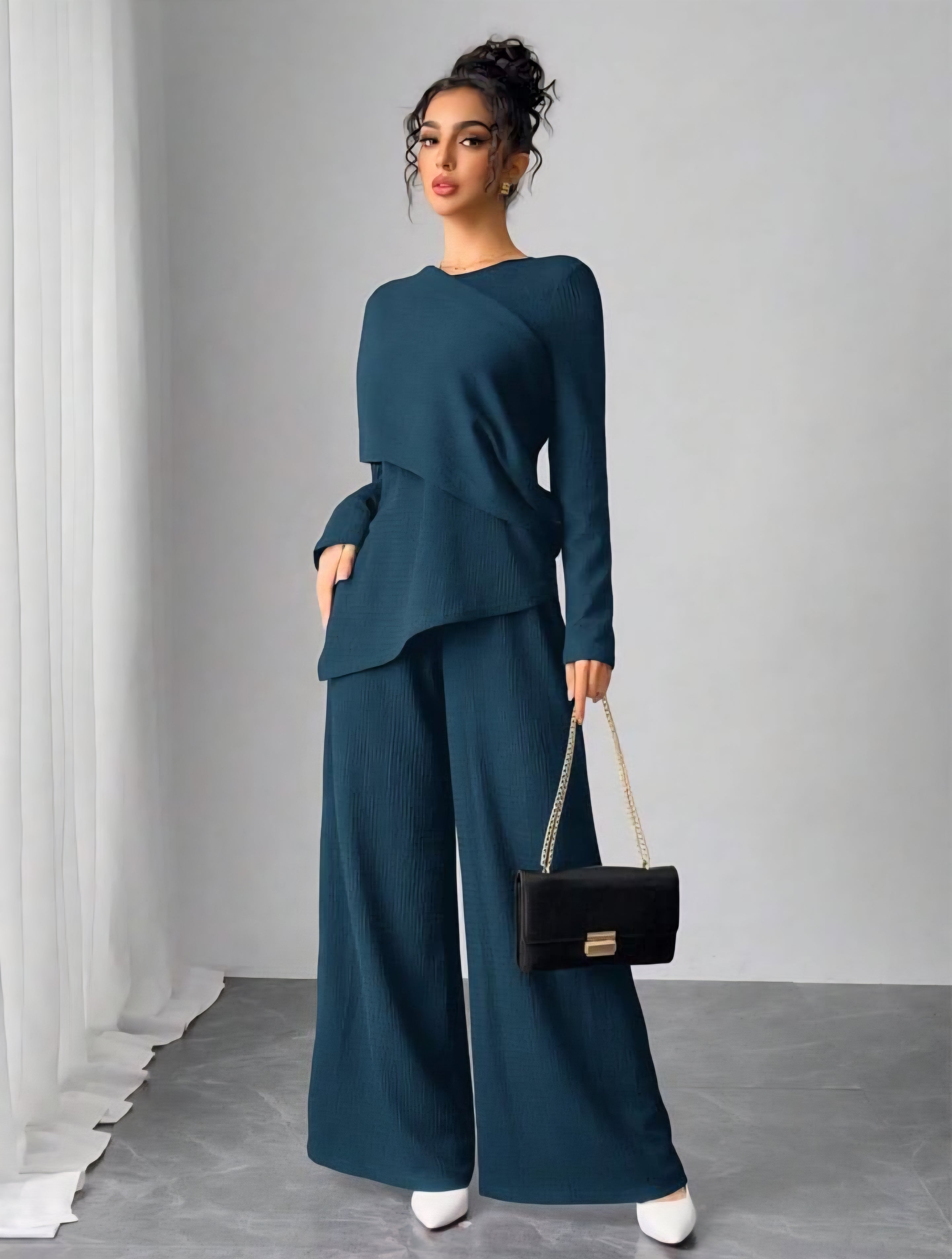 Asymmetrical Long Sleeve Top & Wide Leg Pants Set