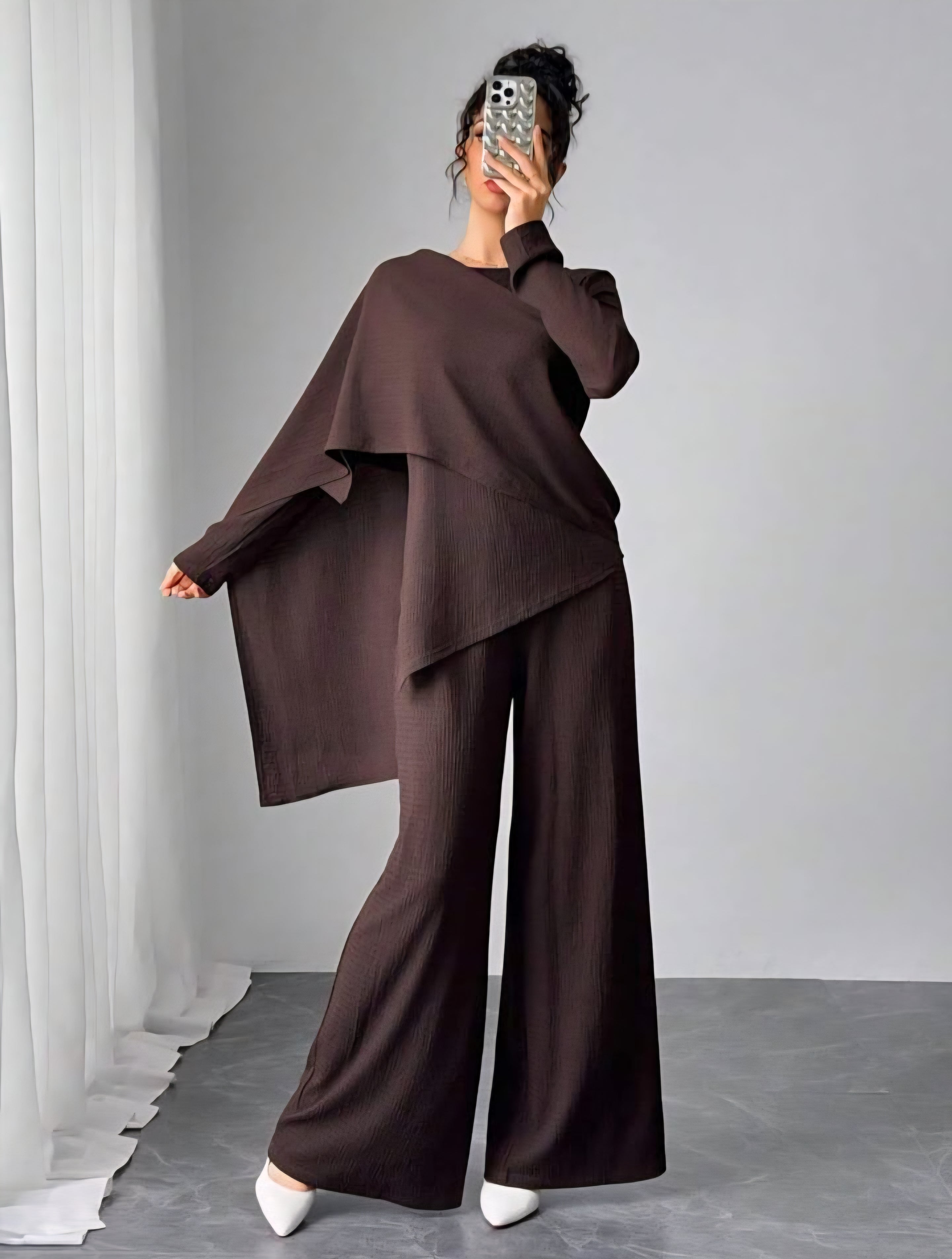 Asymmetrical Long Sleeve Top & Wide Leg Pants Set