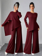Asymmetrical Long Sleeve Top & Wide Leg Pants Set