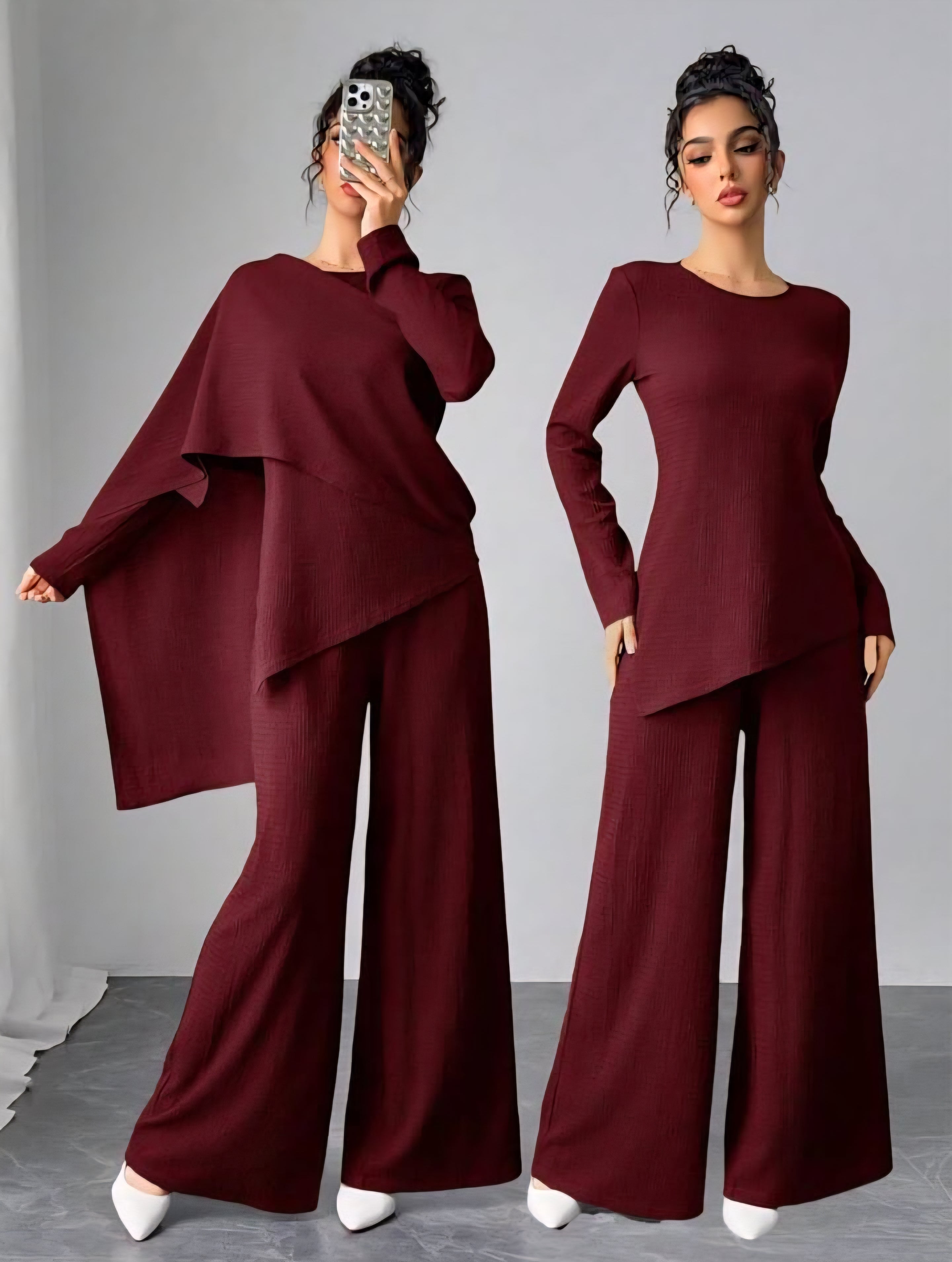Asymmetrical Long Sleeve Top & Wide Leg Pants Set