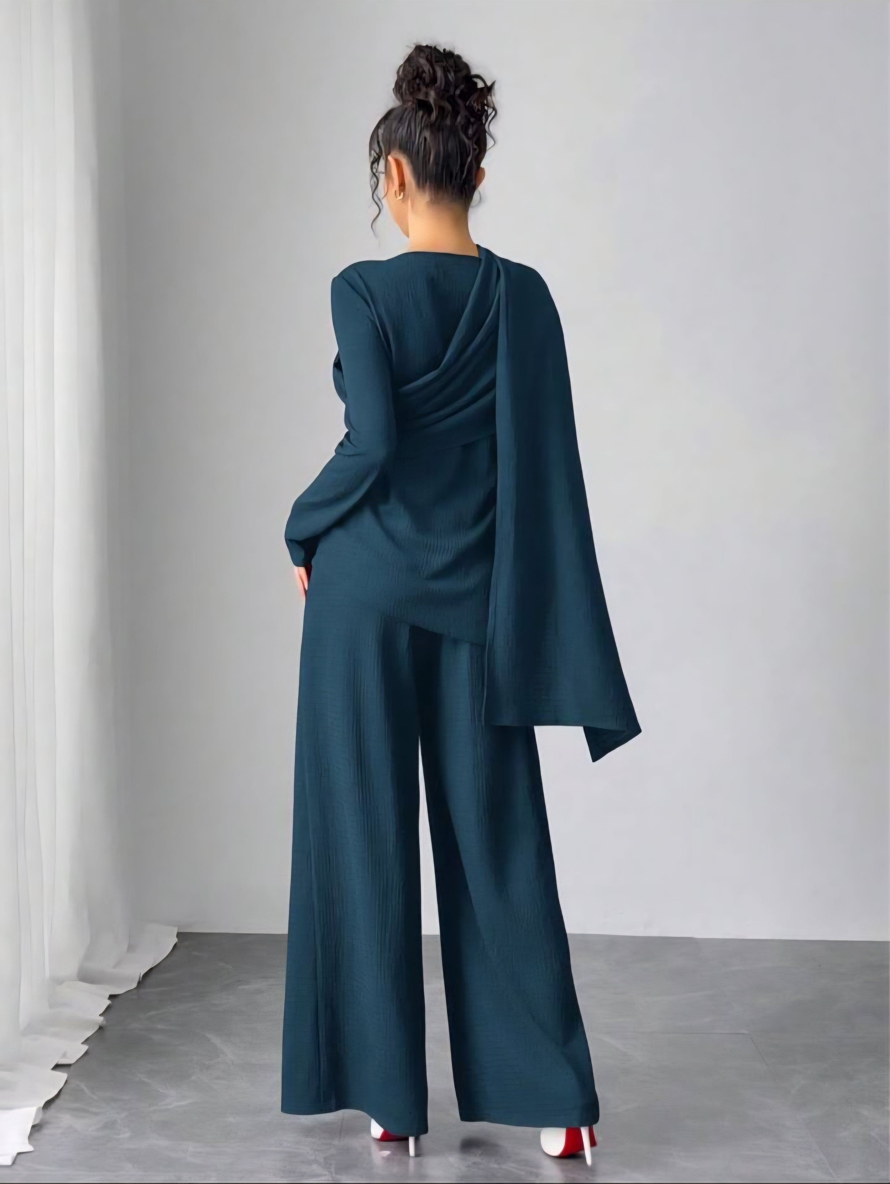 Asymmetrical Long Sleeve Top & Wide Leg Pants Set