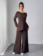 Asymmetrical Long Sleeve Top & Wide Leg Pants Set