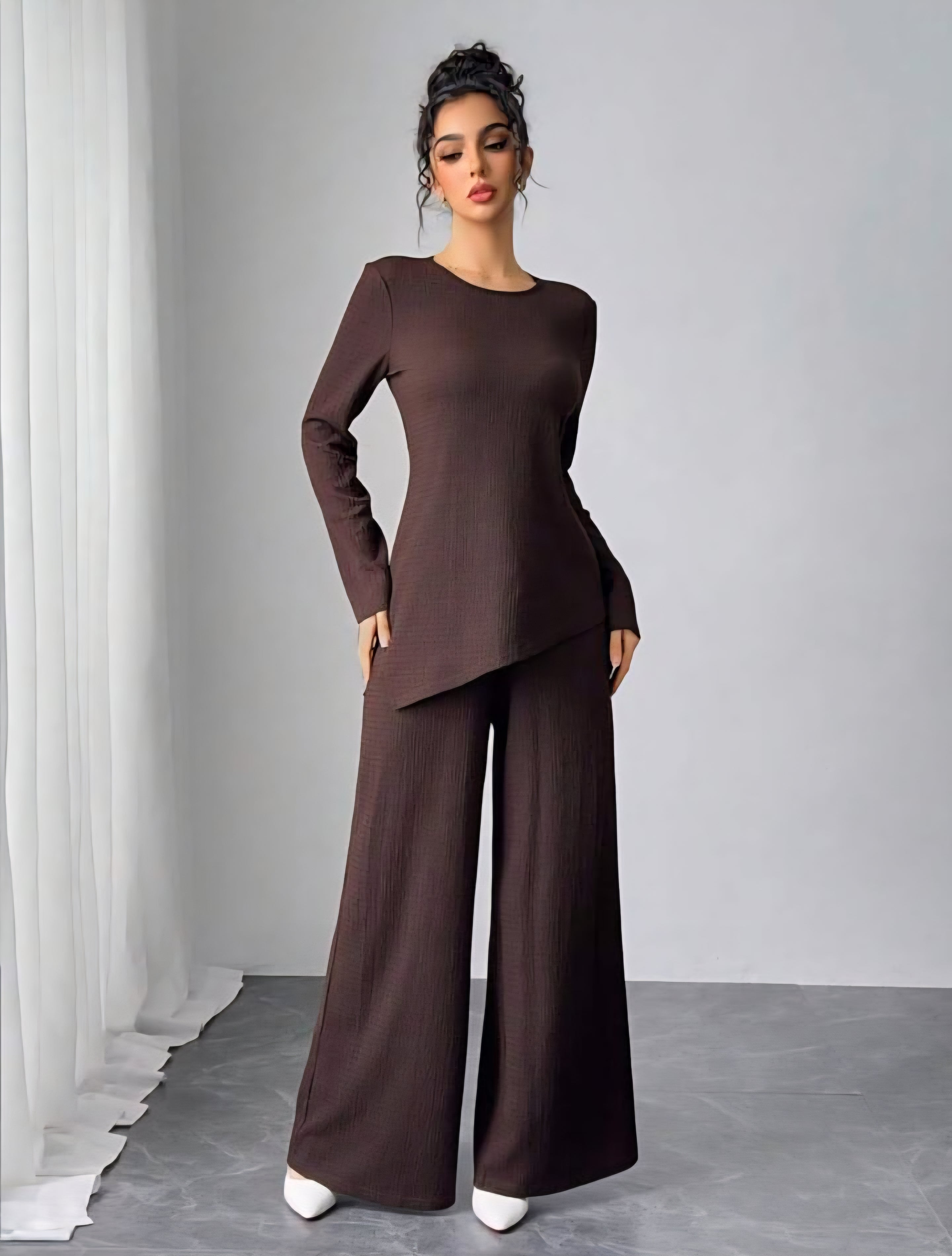 Asymmetrical Long Sleeve Top & Wide Leg Pants Set