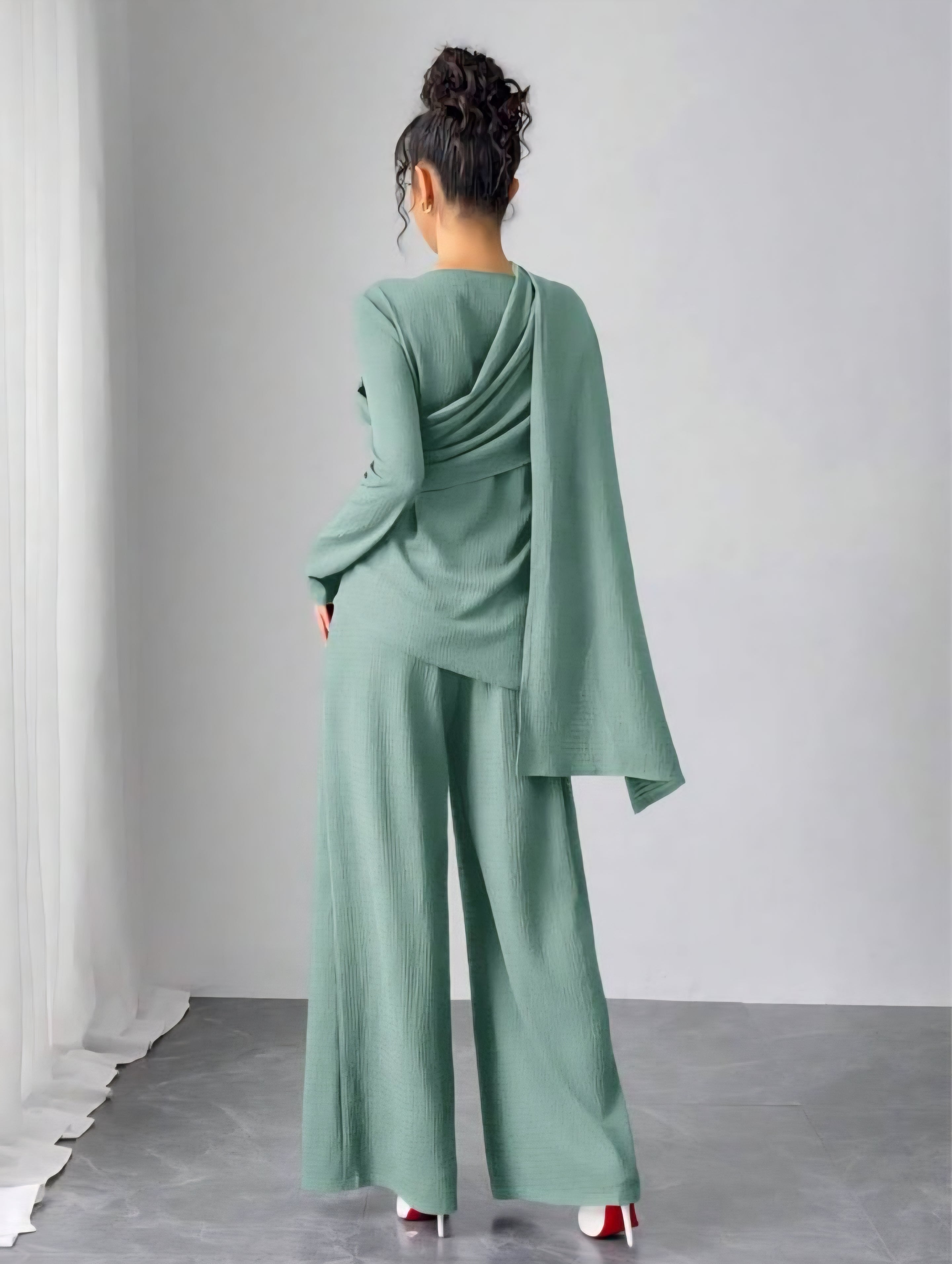 Asymmetrical Long Sleeve Top & Wide Leg Pants Set