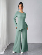 Asymmetrical Long Sleeve Top & Wide Leg Pants Set
