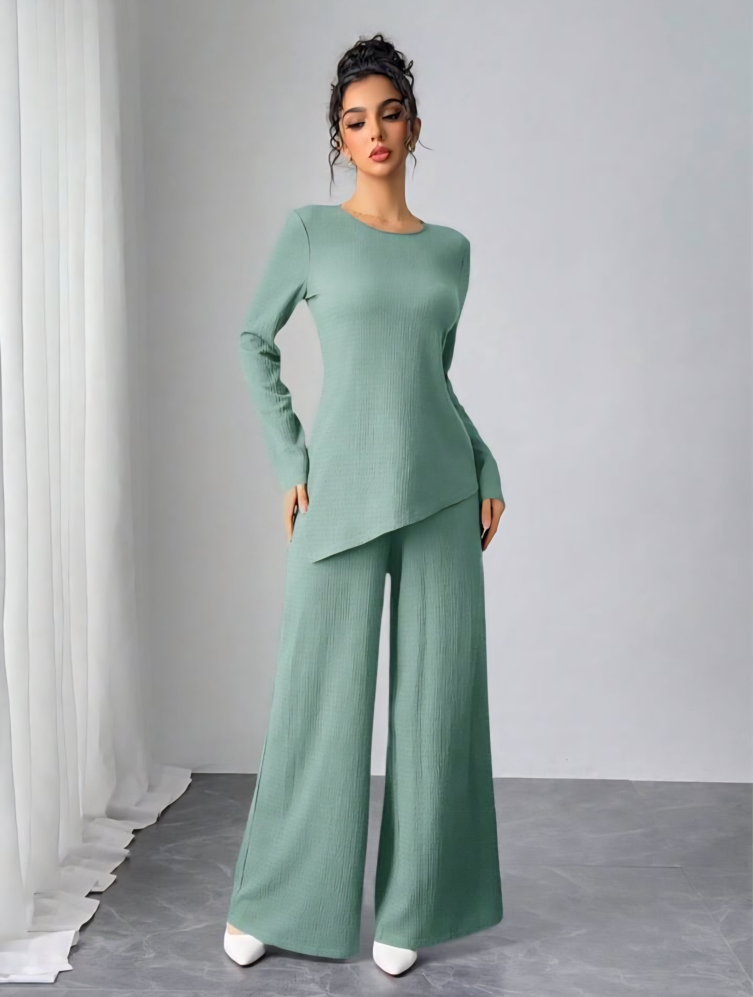 Asymmetrical Long Sleeve Top & Wide Leg Pants Set