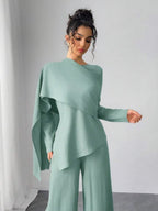 Asymmetrical Long Sleeve Top & Wide Leg Pants Set