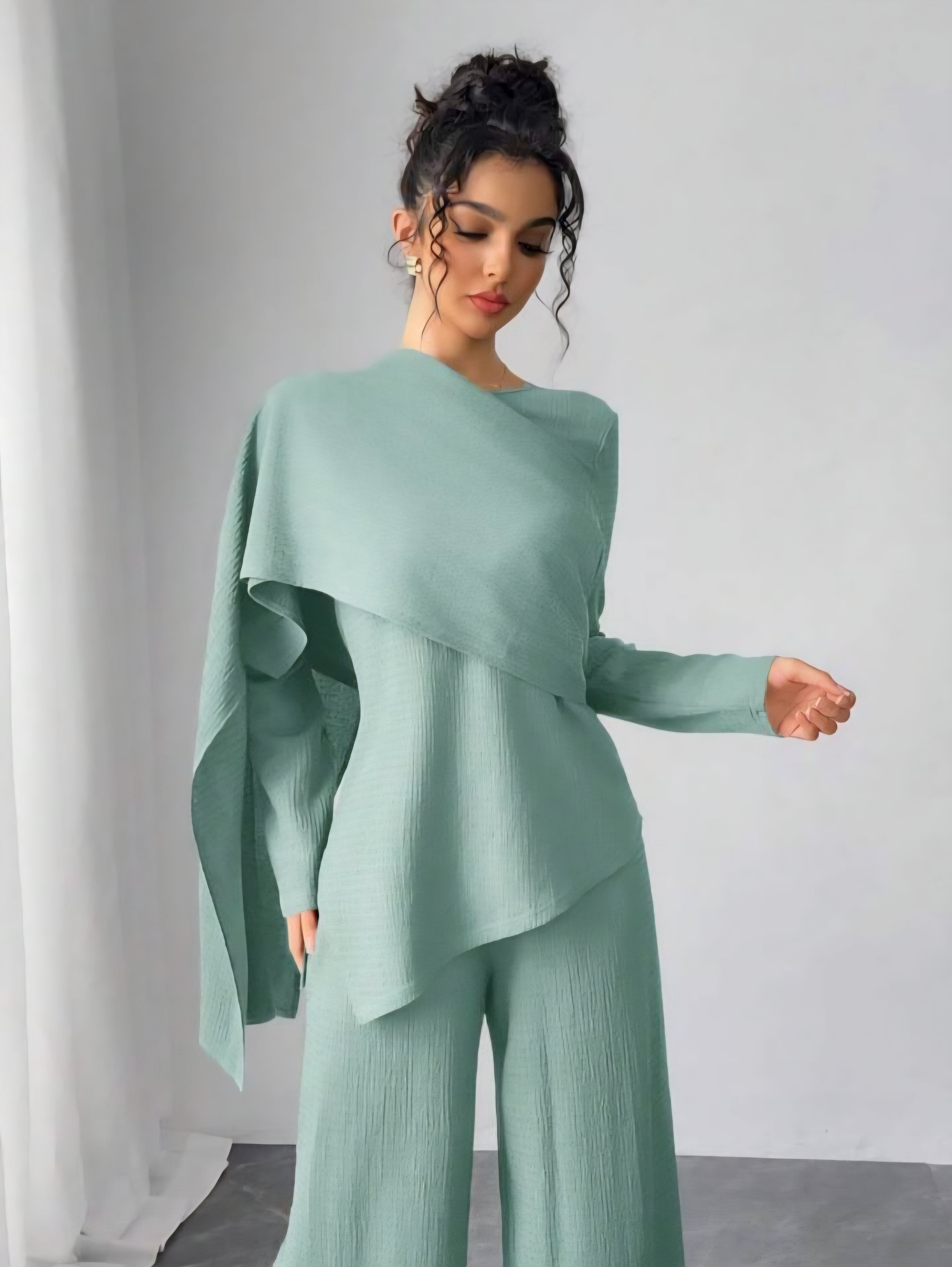 Asymmetrical Long Sleeve Top & Wide Leg Pants Set
