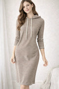 Chic Striped Hooded Ribbed Midi Dress