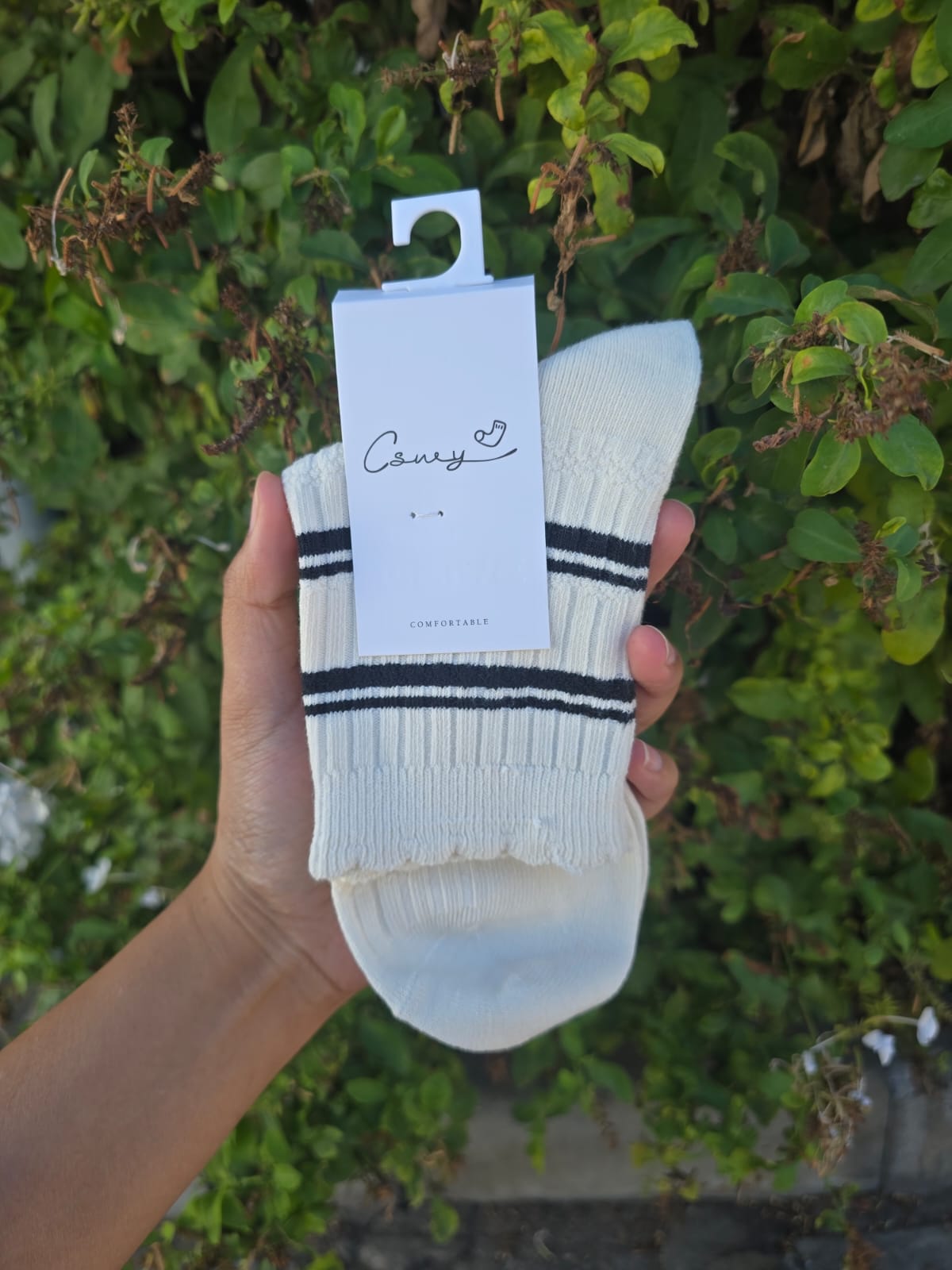 Ribbed Crew Socks with Stripe Detail