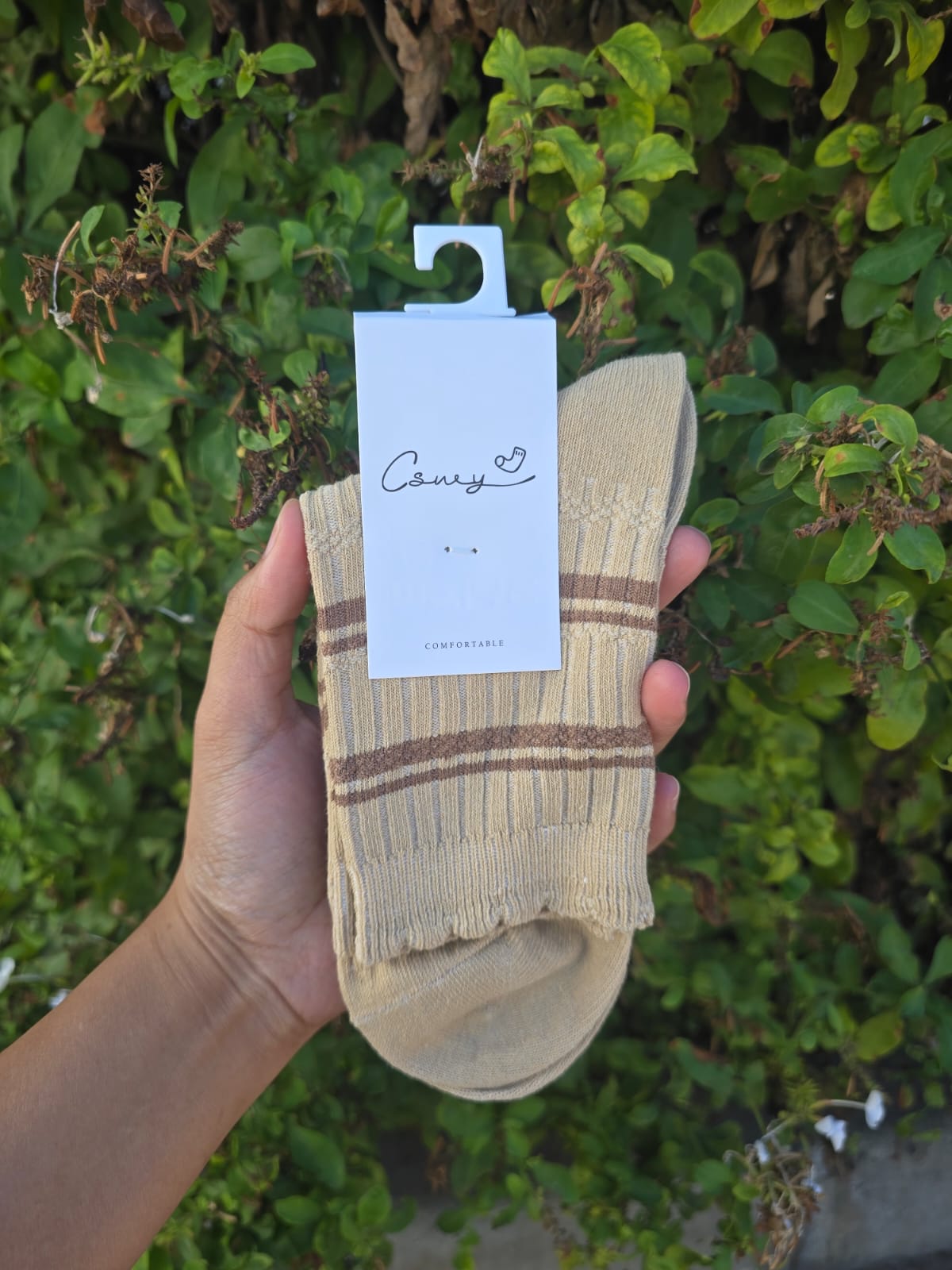 Ribbed Crew Socks with Stripe Detail