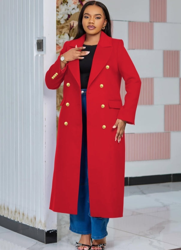 Elegant Double-Breasted Longline Coat – Plus Size Formal Overcoat