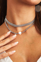 Layered Rhinestone & Pearl Choker Necklace