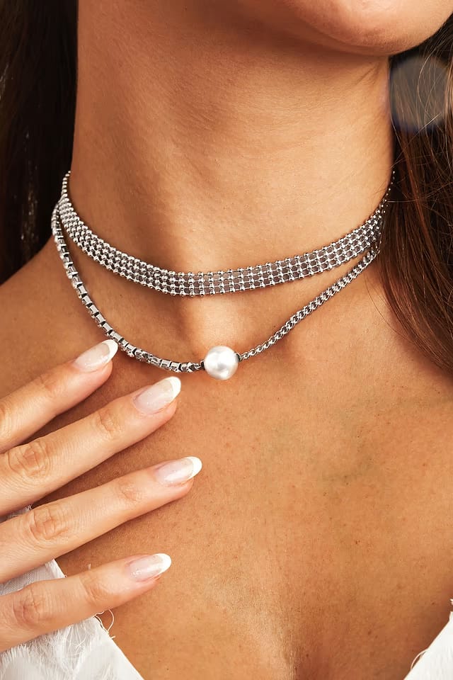 Layered Rhinestone & Pearl Choker Necklace