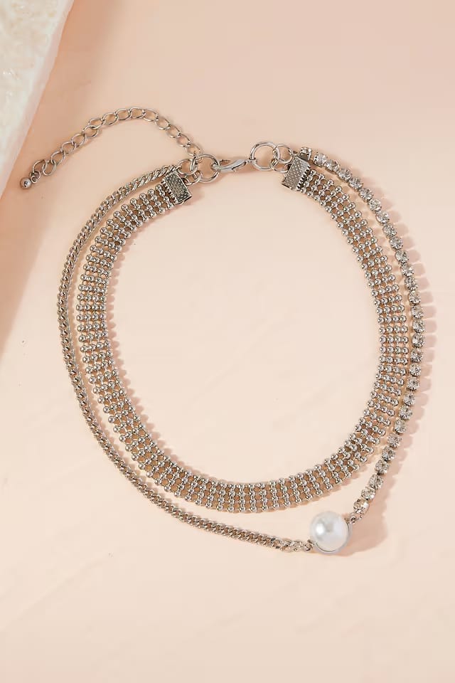 Layered Rhinestone & Pearl Choker Necklace