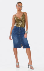 Women's Fitted Blue Denim Pencil Skirt - DYQ-287