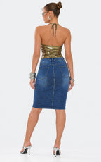 Women's Fitted Blue Denim Pencil Skirt - DYQ-287