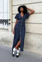 Button-Front Denim Maxi Dress