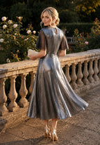 Metallic Grey Mesh Frill Sleeve Midi Dress