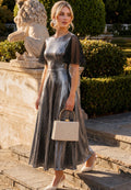 Metallic Grey Mesh Frill Sleeve Midi Dress