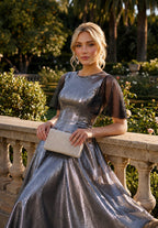 Metallic Grey Mesh Frill Sleeve Midi Dress