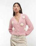 Floral Accent Long Sleeve Knit Cardigan