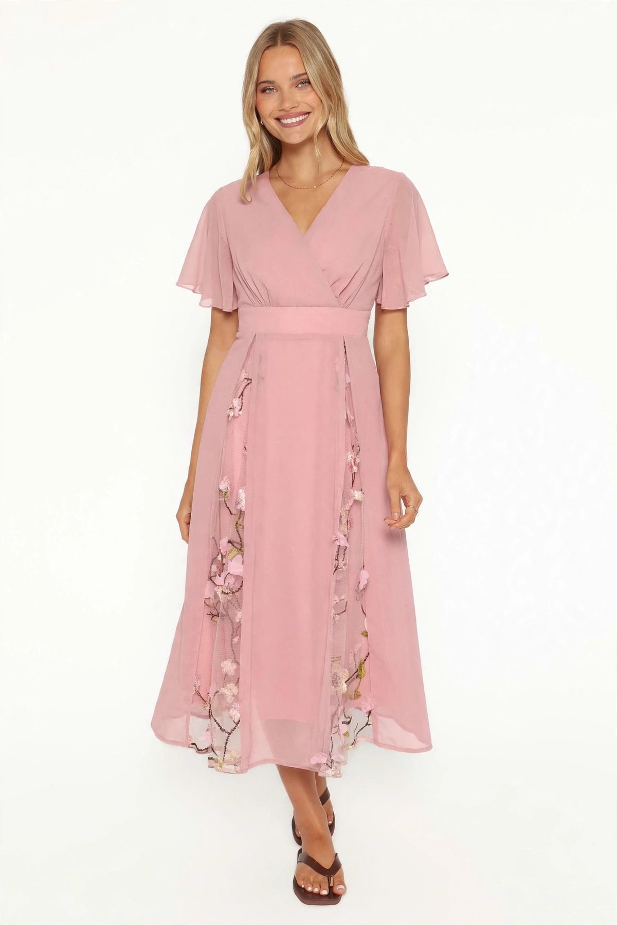 Delicate Mesh Splicing Floral Midi Dress