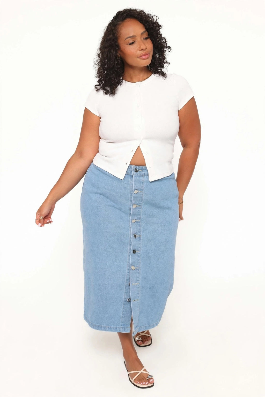 Casual Button Up Front Denim Midi Skirt Curve