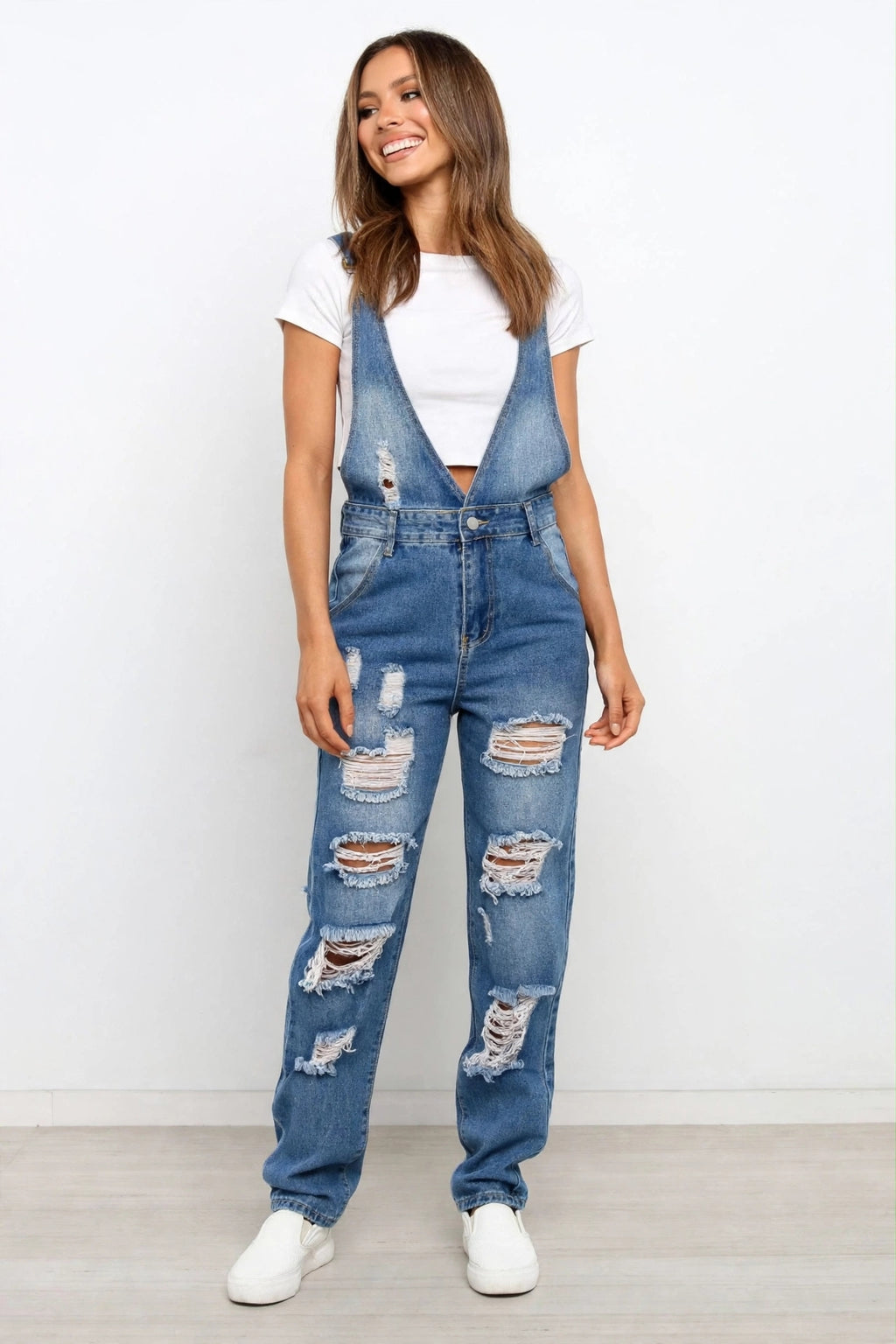 Casual Distressed Denim Overalls Jumpsuit
