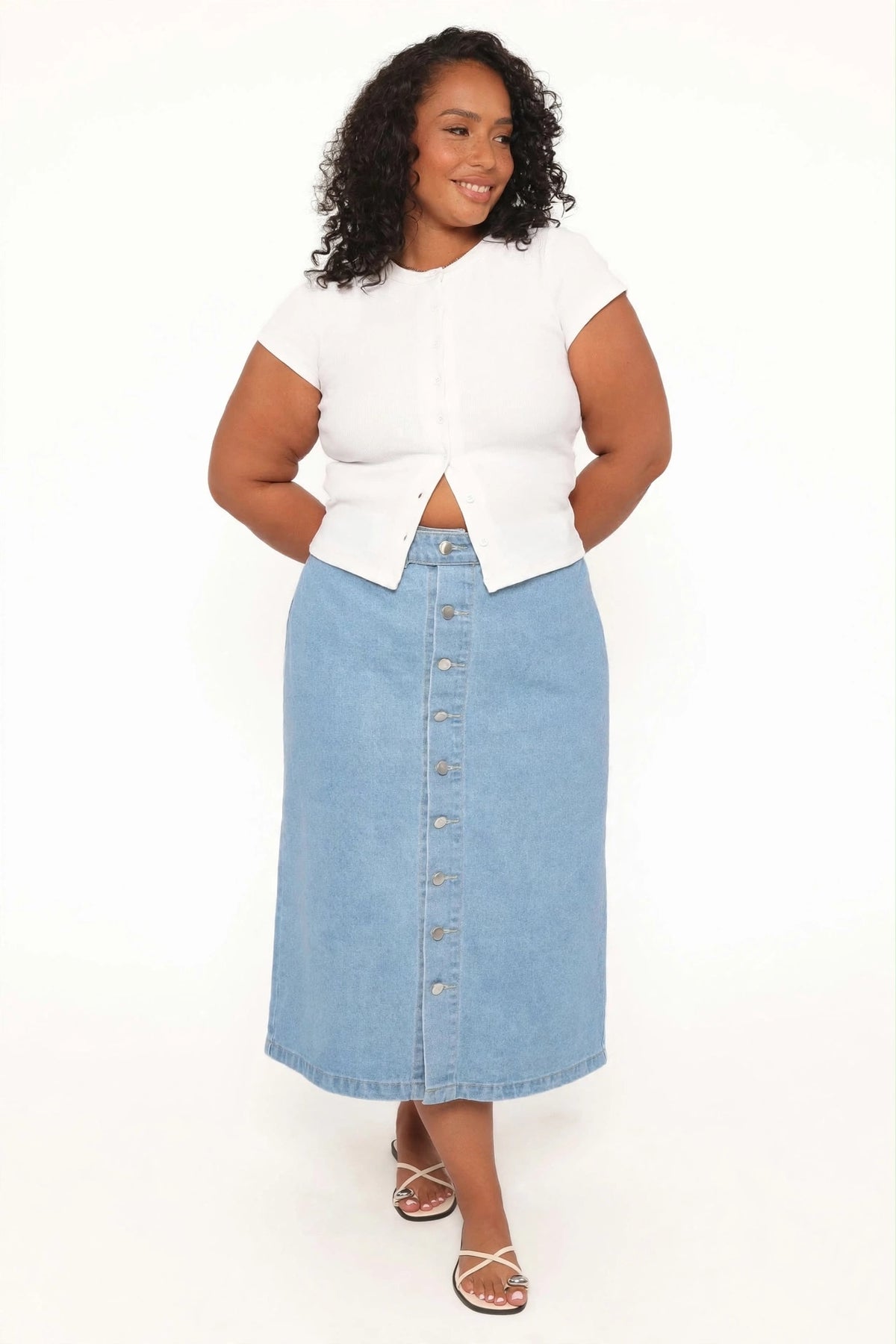 Casual Button Up Front Denim Midi Skirt Curve