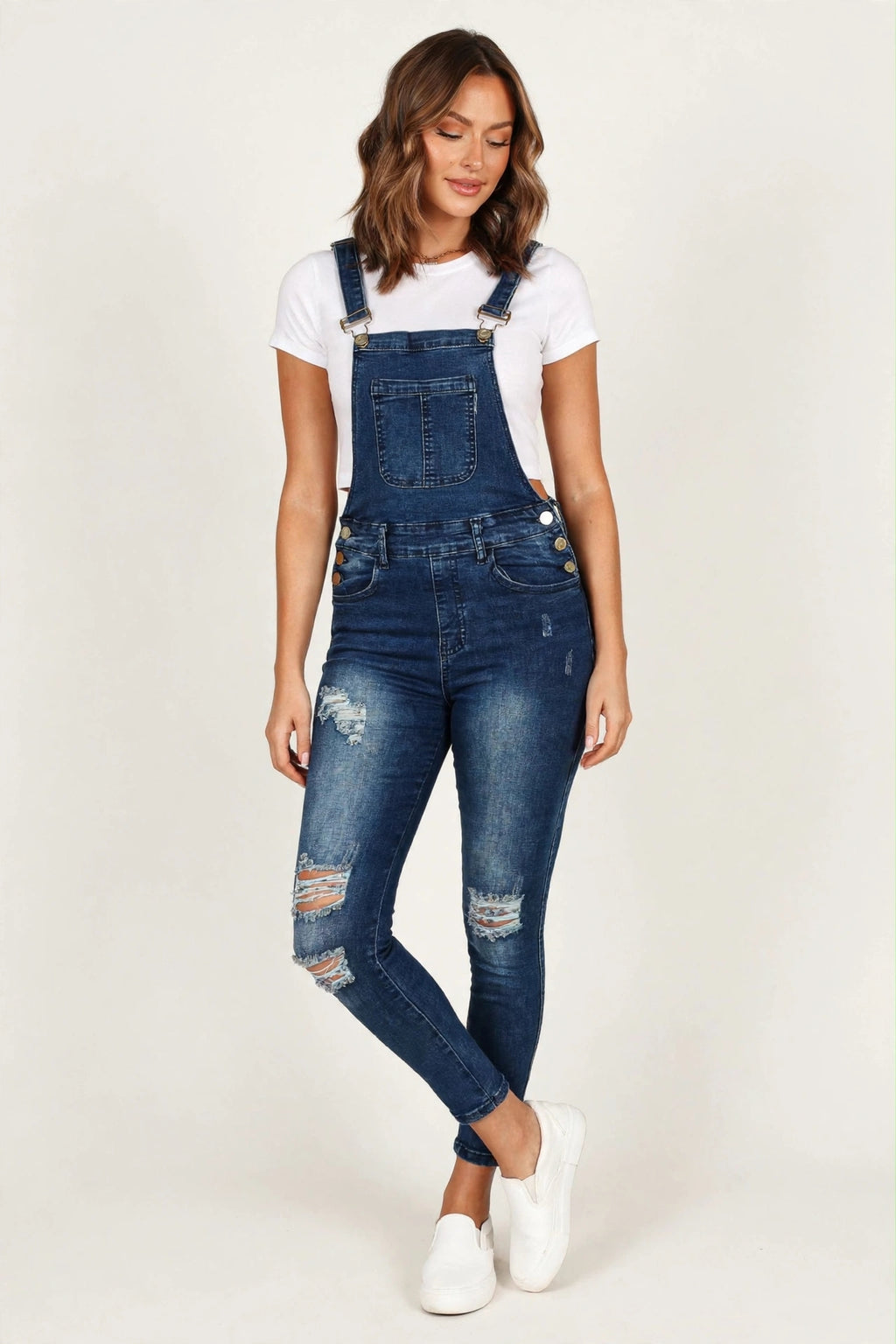 Trendy Distressed Denim Skinny Fit Overalls