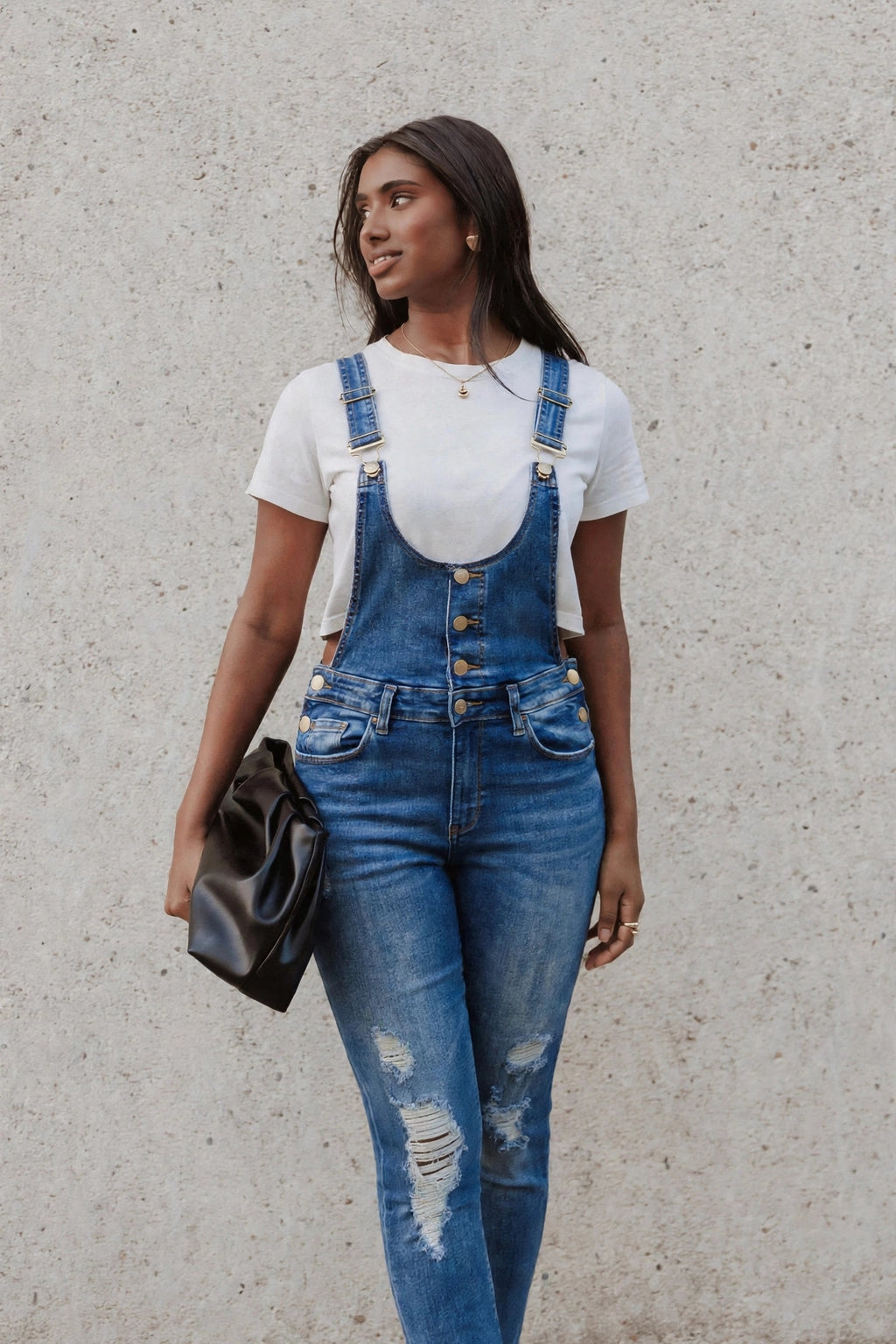 Skinny Fit Distressed Denim Jumpsuit Dungaree
