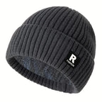 Thick Ribbed Beanie with Fleece Lining – R Logo Style