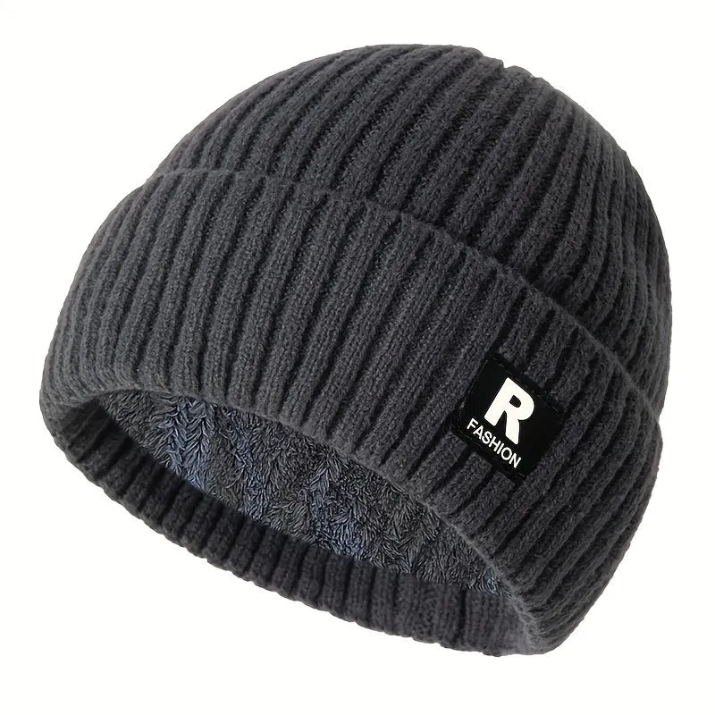 Thick Ribbed Beanie with Fleece Lining – R Logo Style
