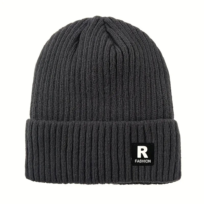 Thick Ribbed Beanie with Fleece Lining – R Logo Style