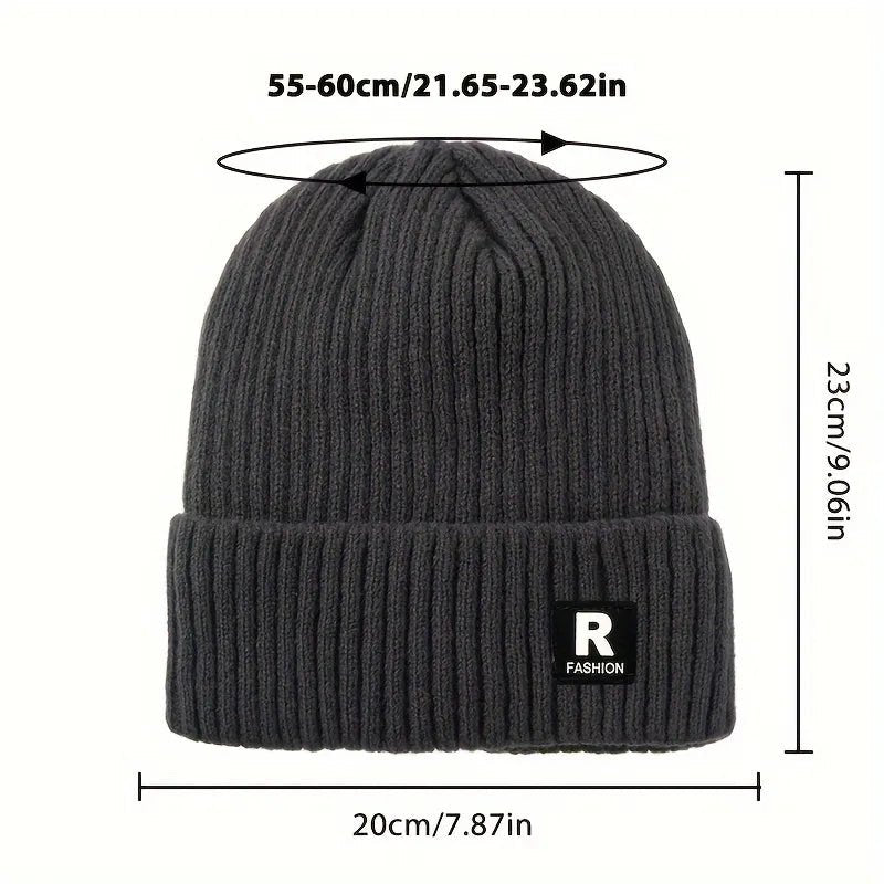 Thick Ribbed Beanie with Fleece Lining – R Logo Style