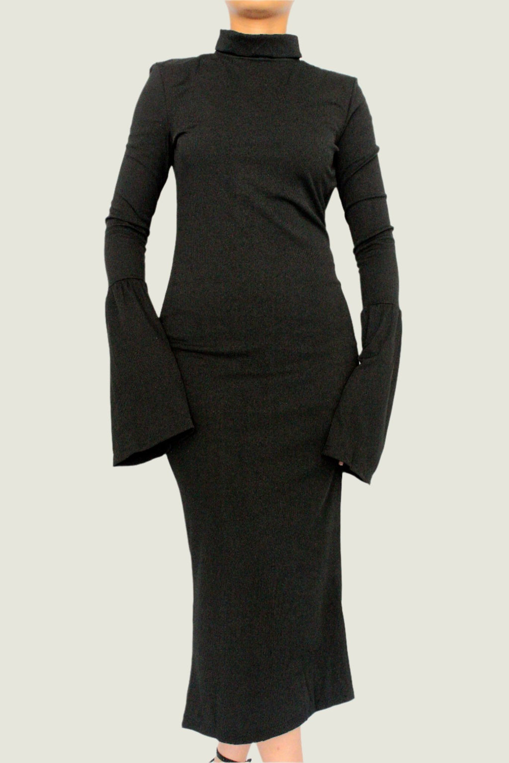 Elegant Long Sleeve Midi Dress With Flared Sleeves