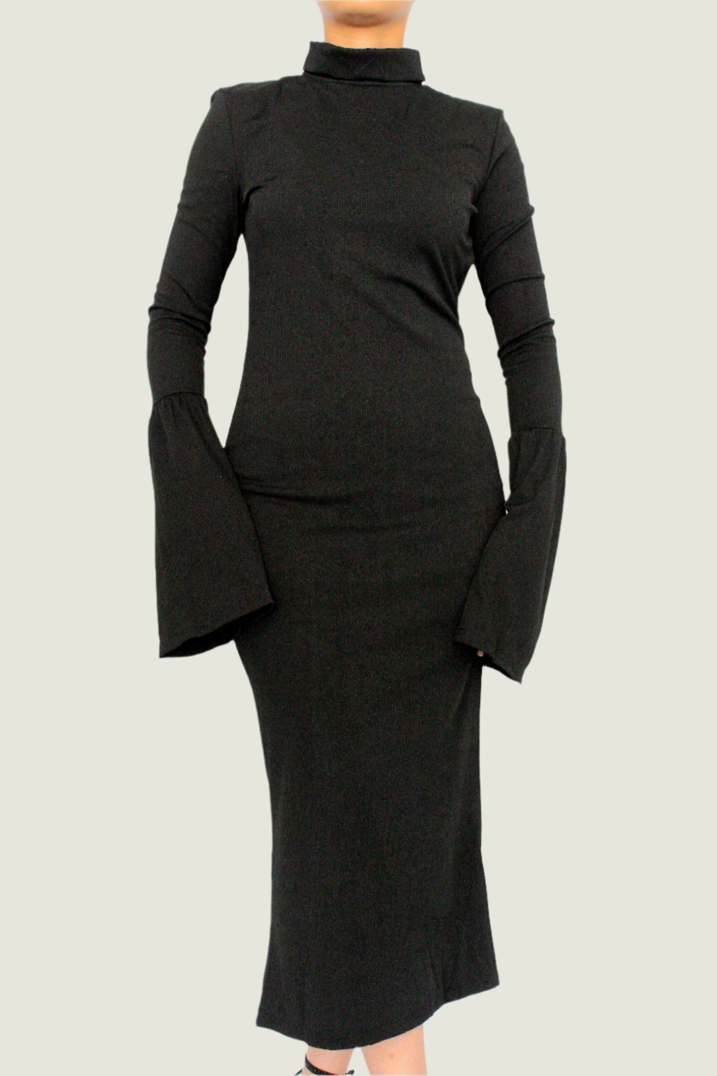 Elegant Long Sleeve Midi Dress With Flared Sleeves