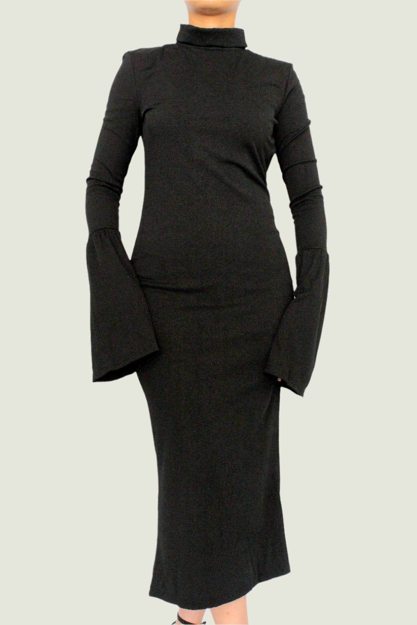 Elegant Long Sleeve Midi Dress With Flared Sleeves