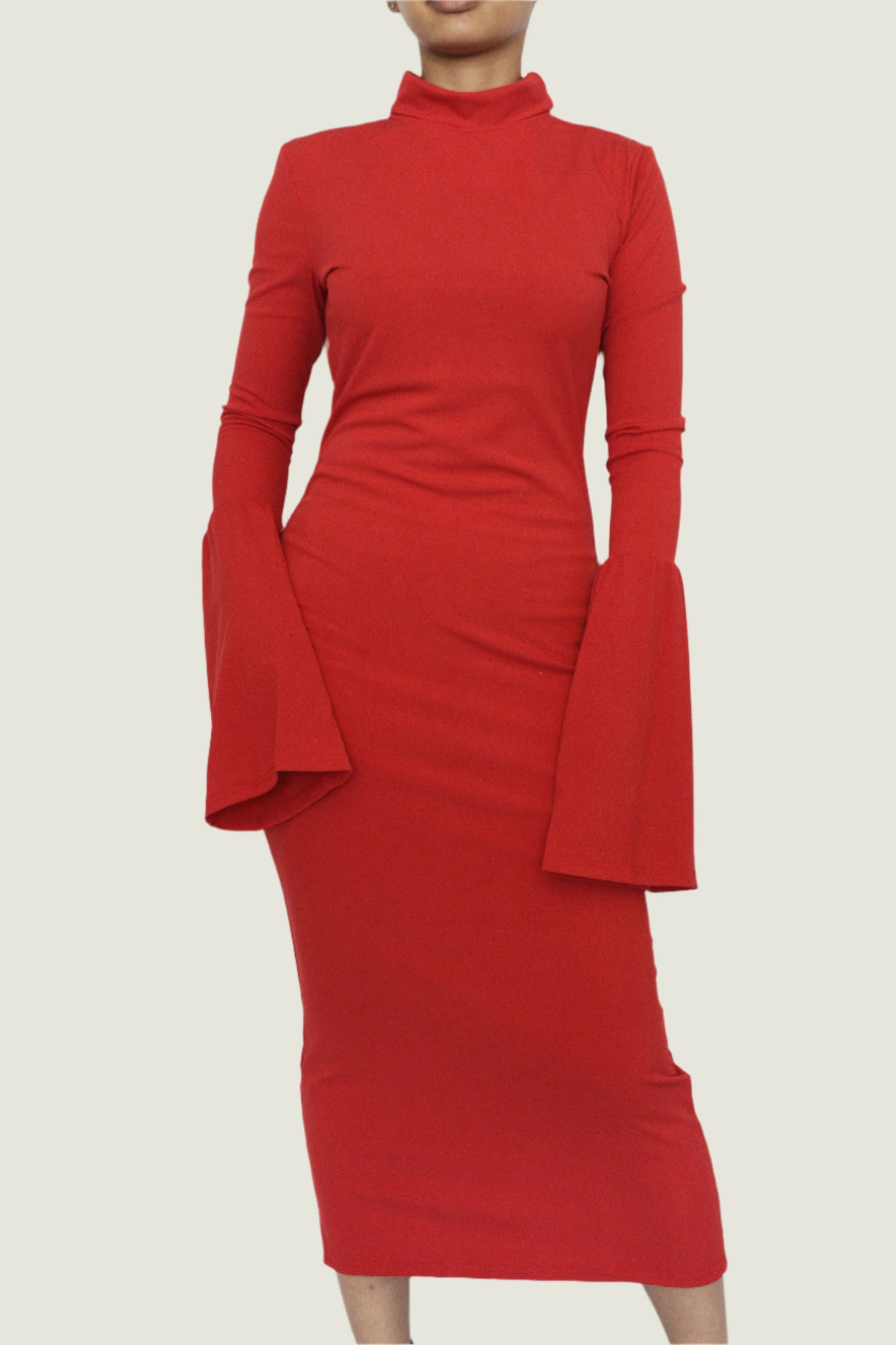 Elegant Long Sleeve Midi Dress With Flared Sleeves