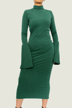 Elegant Long Sleeve Midi Dress With Flared Sleeves