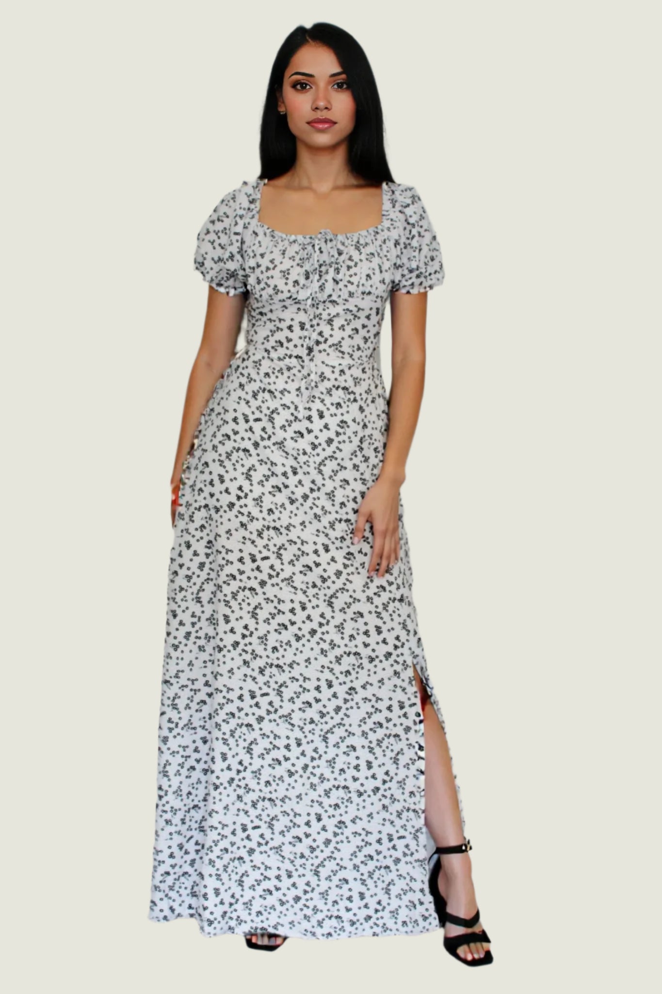 Ditsy Floral Puffed Short Sleeve Maxi Dress