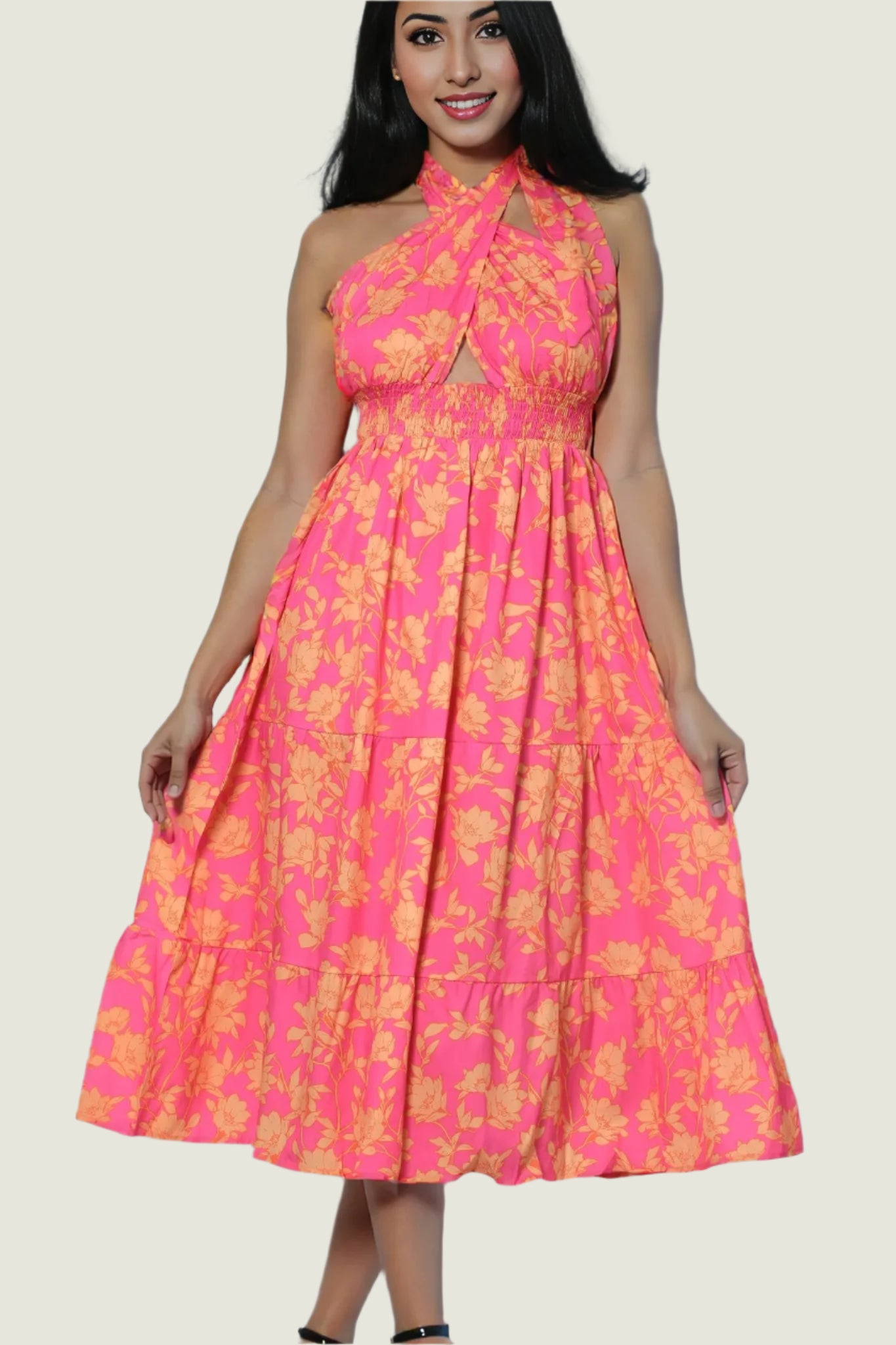 Pink Floral Neck Wrap Midi Dress